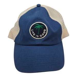 Life Is Good Embroidered Palm Tree Logo Patch Denim Mesh Snapback Hat Cap